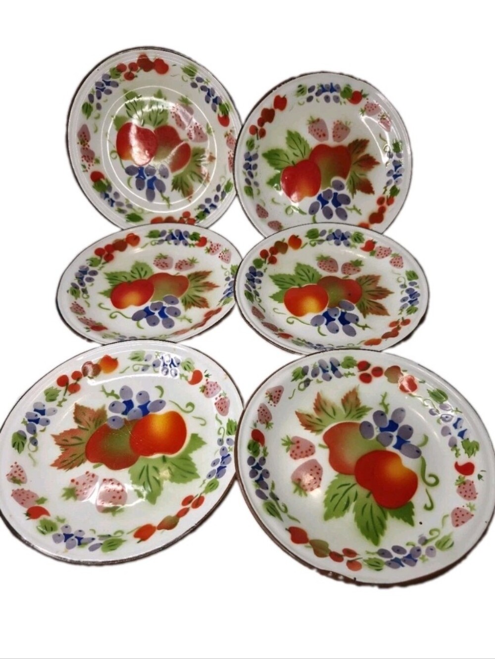Vintage Tutti Frutti Enamelware Plates Salad Dessert Farmhouse 7.25" Set Of 6